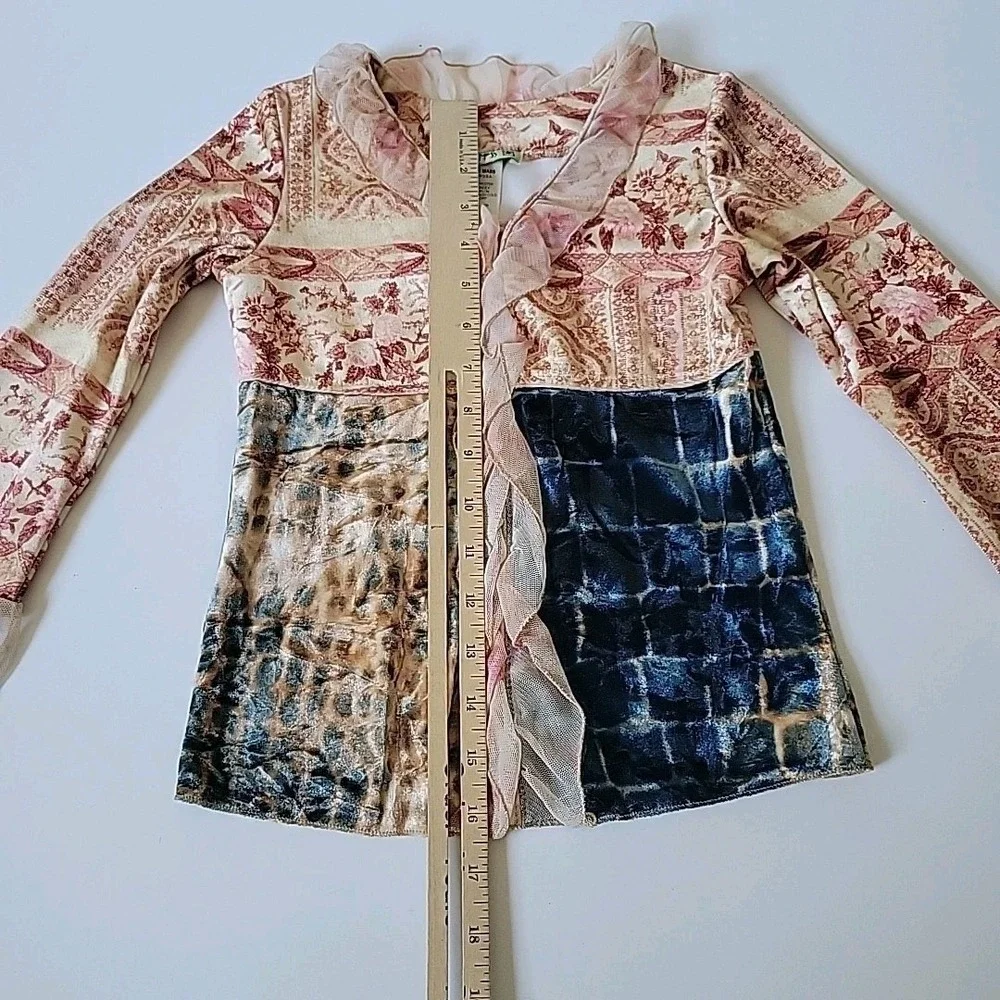 Little Mass Vintage Girls Medium Velour Top Mixed Block Print Ruffle Boho Hippie